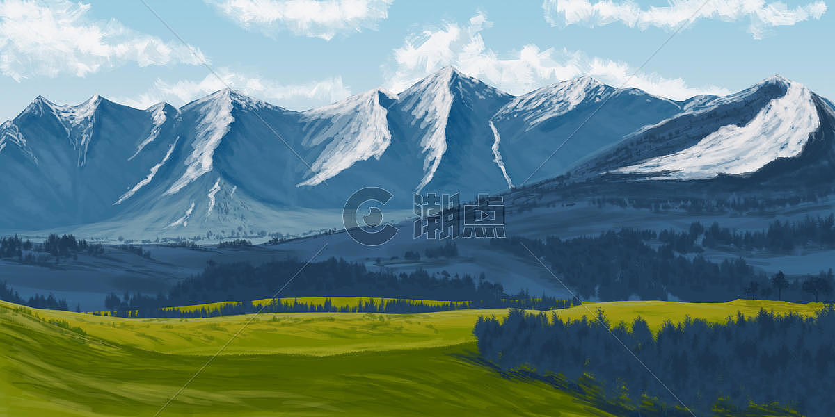 雪山下的自然风光插画图片素材免费下载