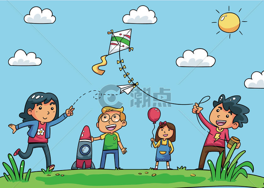 孩子们在草地上玩耍矢量插画图片素材免费下载