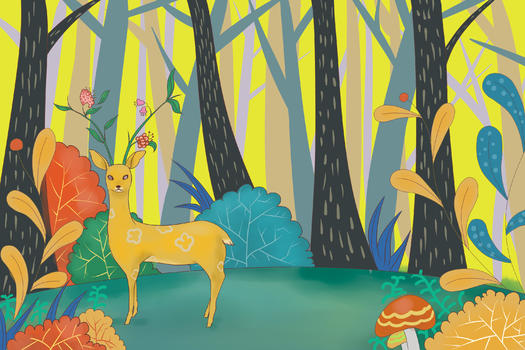 开花的小鹿插画图片素材免费下载