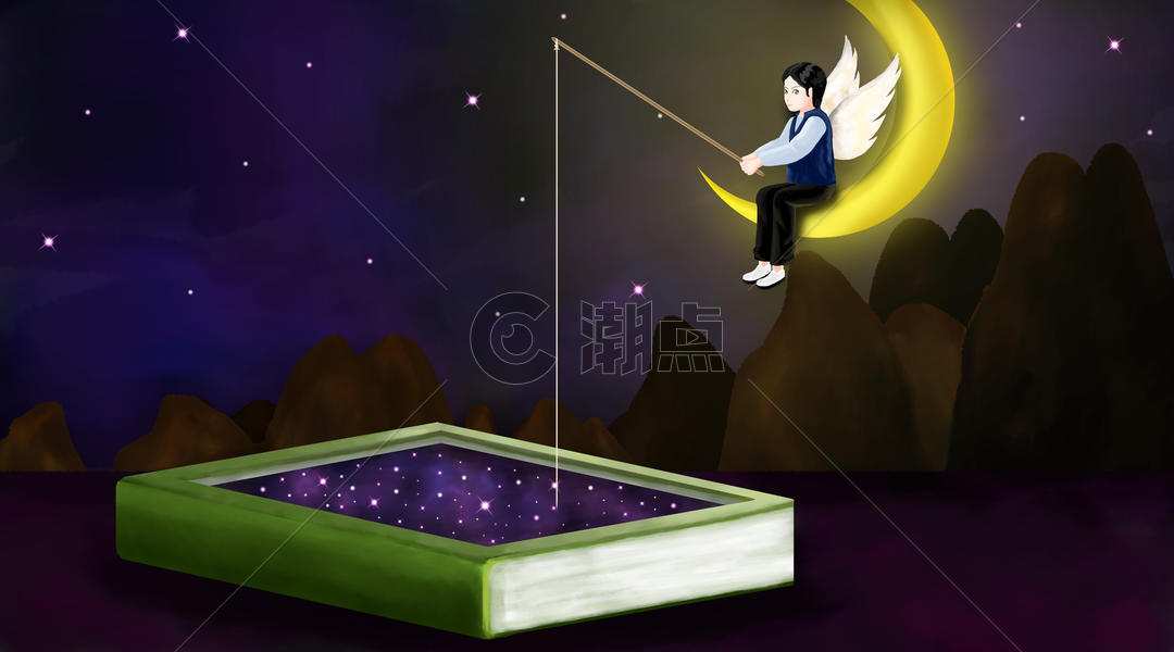 天使坐在月亮上垂钓书中的星星图片素材免费下载