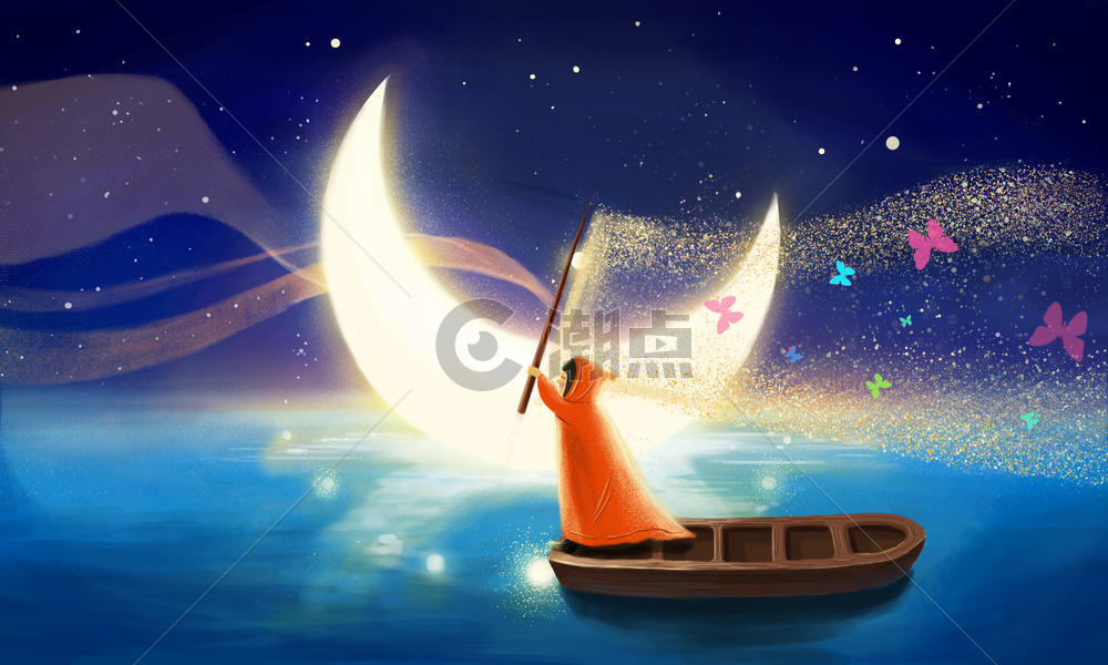 月光下划船玩耍的女孩图片素材免费下载