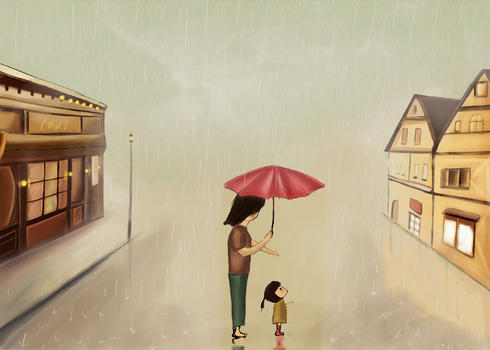 雨街上的母女图片素材免费下载