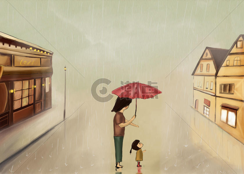 雨街上的母女图片素材免费下载