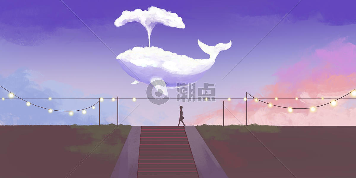 唯美鲸鱼云朵场景插画图片素材免费下载