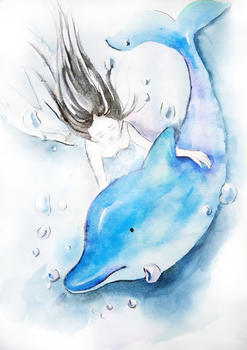 海里的女孩抱着海豚图片素材免费下载