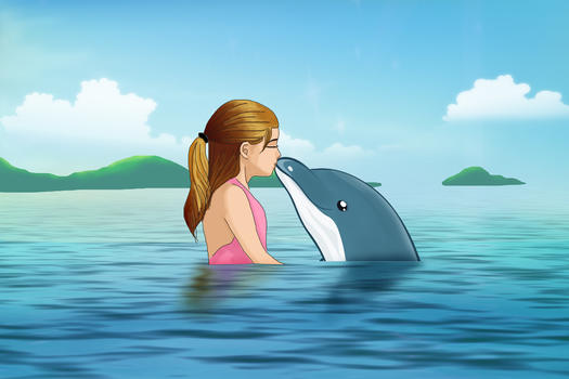少女与海豚插画图片素材免费下载