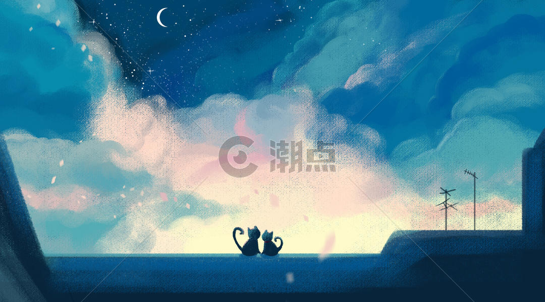 猫和月亮梦幻插画图片素材免费下载