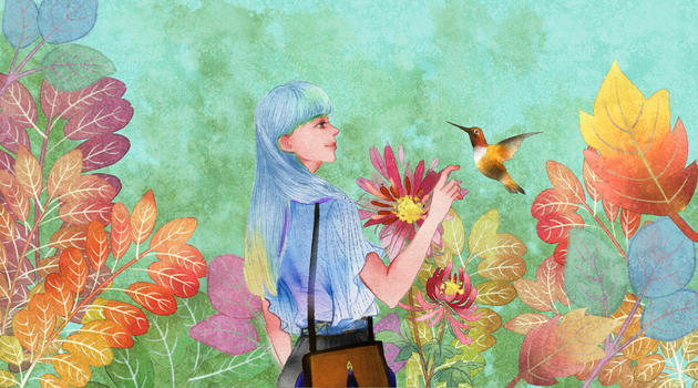 花中少女与蜂鸟图片素材免费下载