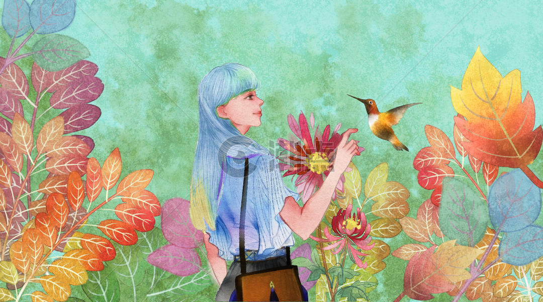 花中少女与蜂鸟图片素材免费下载