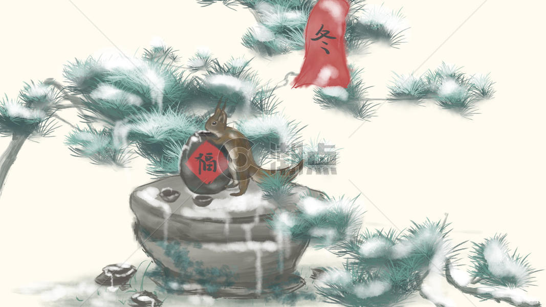 节气插画冬季偷酒喝的松鼠图片素材免费下载
