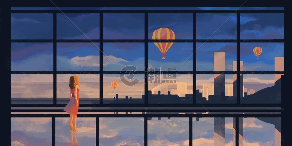 城市热气球场景插画图片素材免费下载