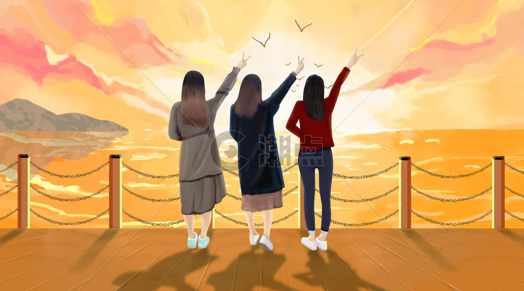 海边三个女孩的背影图片素材免费下载