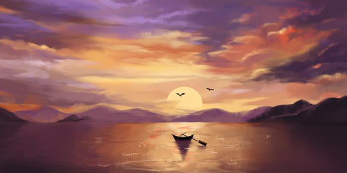 夕阳下的孤舟图片素材免费下载