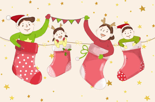 四口之家在圣诞袜庆祝圣诞图片素材免费下载