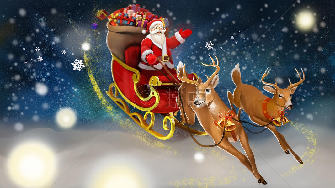 平安夜圣诞老人驯鹿雪橇插画海报图片素材免费下载