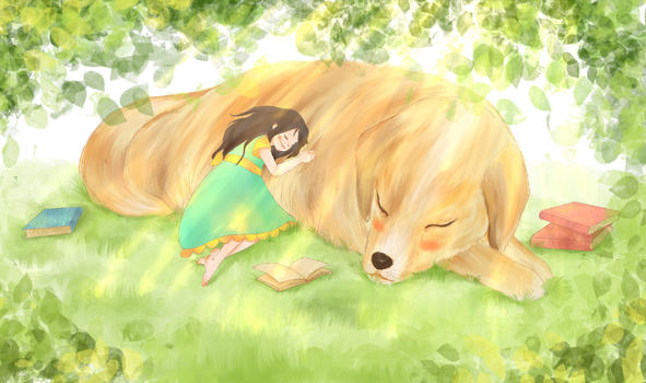 午睡女孩与狗温馨插画图片素材免费下载