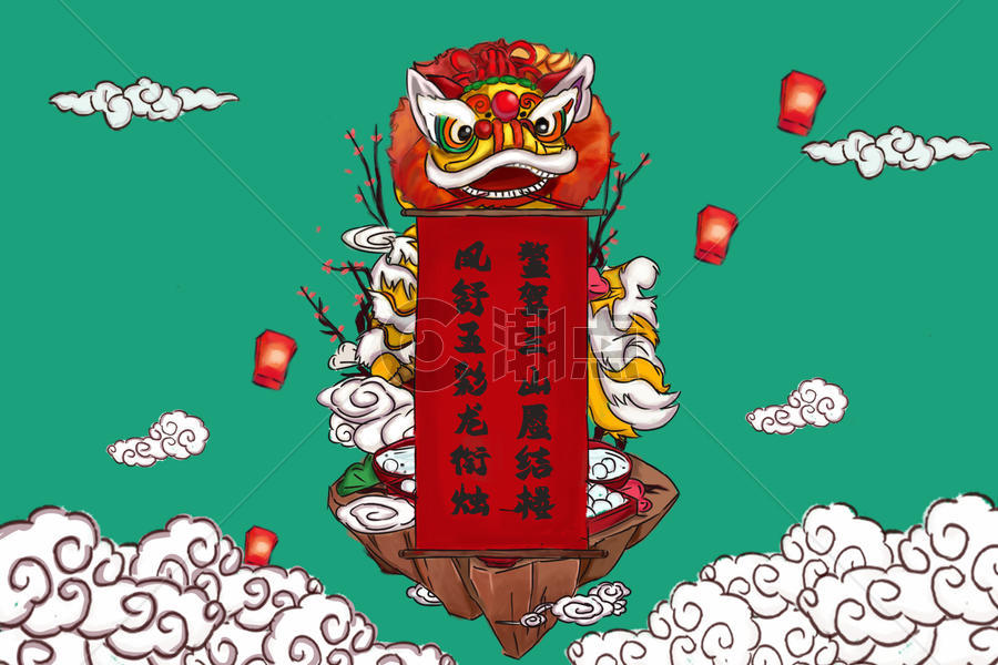 春节元宵舞狮插画图片素材免费下载