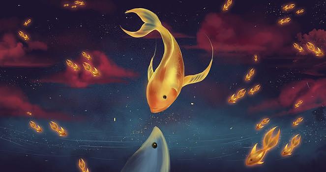 金鱼与鲸插画图片素材免费下载