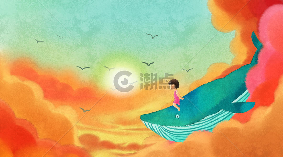 天空中骑着鲸鱼的女孩图片素材免费下载