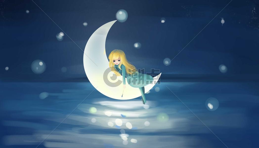 月亮上的女孩插画图片素材免费下载