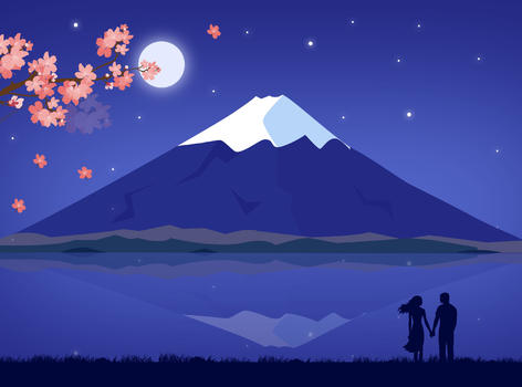 富士山樱花树下的爱情图片素材免费下载