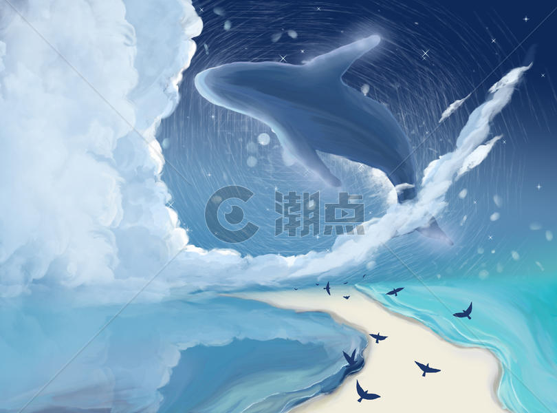 天空中的鲸鱼插画图片素材免费下载