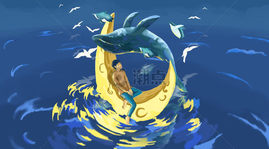 男孩鲸鱼月亮海面插画图片素材免费下载