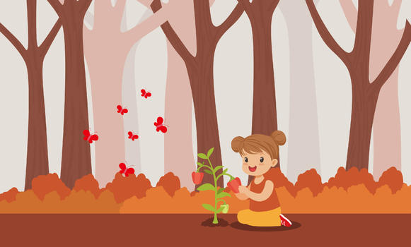 女孩与森林治愈插画图片素材免费下载