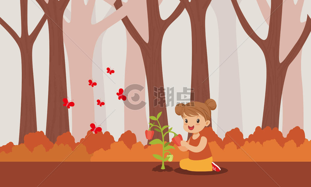女孩与森林 治愈插画图片素材免费下载