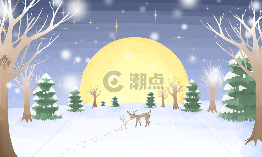小鹿与兔子雪景图片素材免费下载