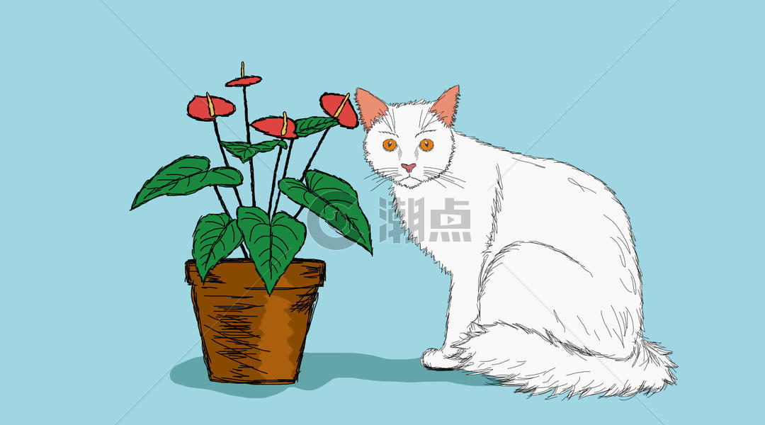 白猫和盆栽素描插画图片素材免费下载