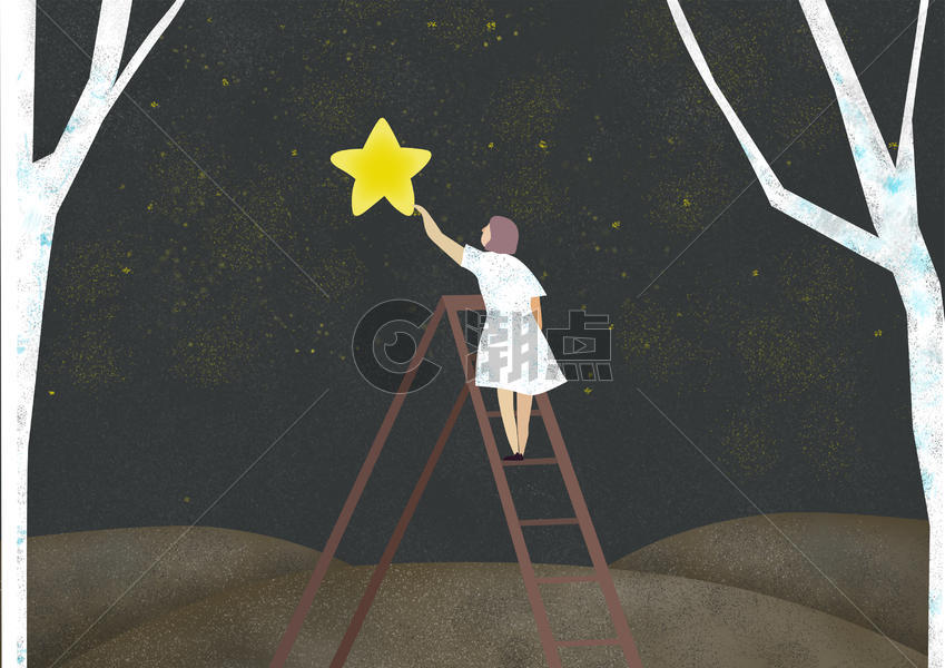 摘星星的女孩手绘插画图片素材免费下载