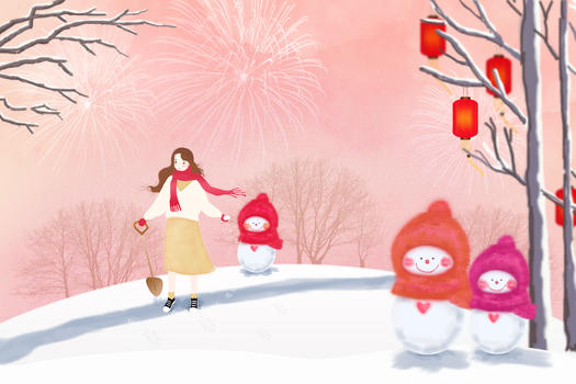 女孩和她的小雪人图片素材免费下载