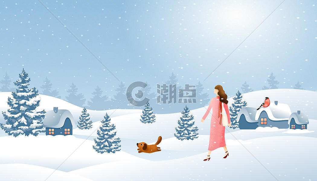 治愈系冬天下雪遛狗插画图片素材免费下载