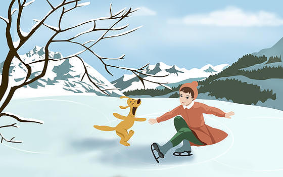 冬雪溜冰女孩和狗图片素材免费下载