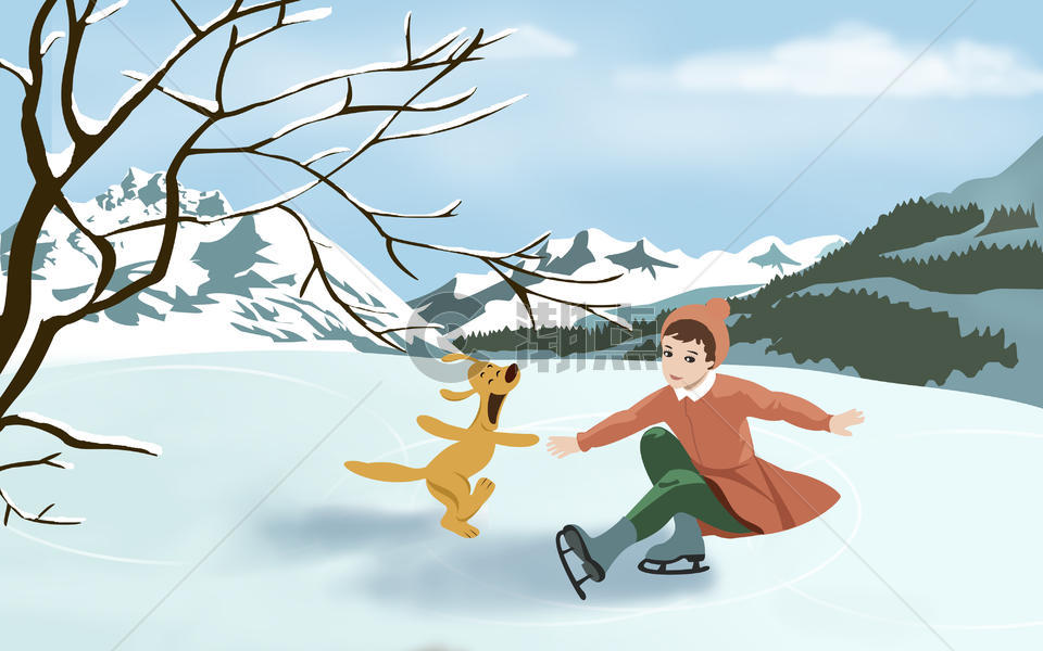 冬雪溜冰女孩和狗图片素材免费下载
