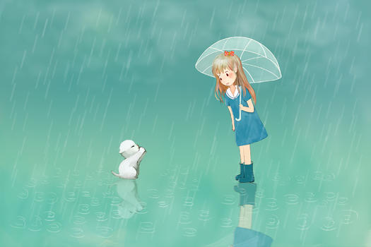 雨中的女孩治愈系插画图片素材免费下载