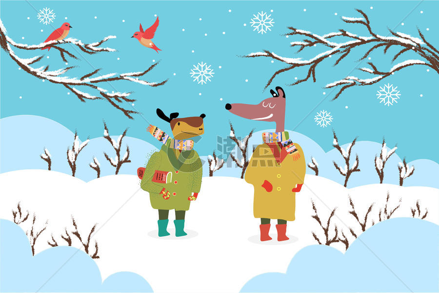 狗冬季风景插画图片素材免费下载