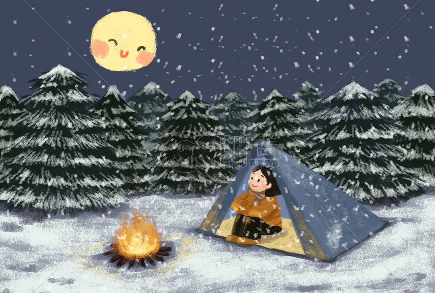 治愈系冬日赏月插画图片素材免费下载