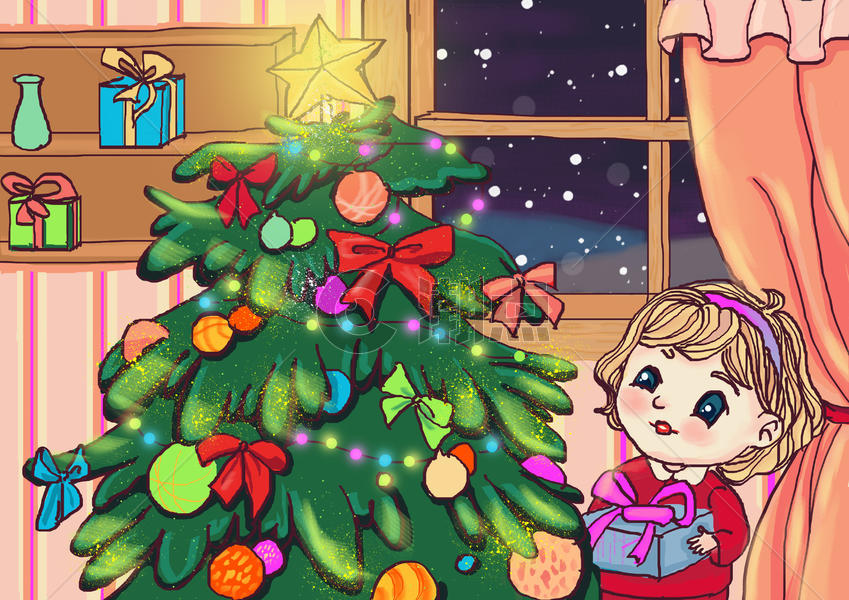 女孩与圣诞树图片素材免费下载