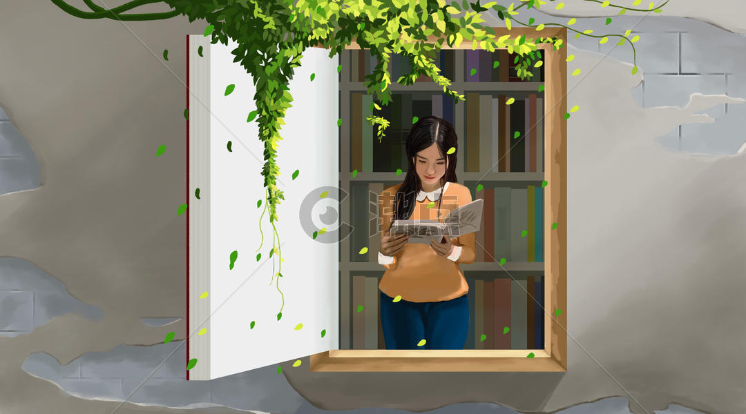 书窗里看书的女孩图片素材免费下载