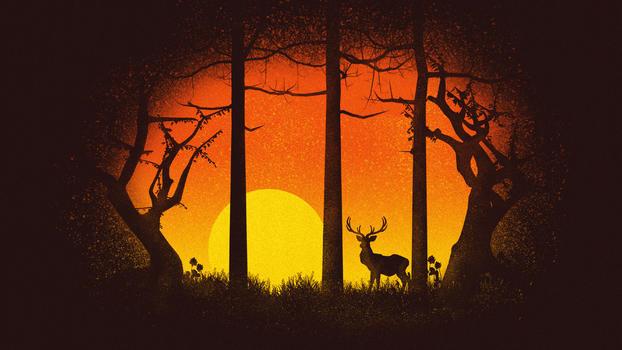 夕阳下的麋鹿插画图片素材免费下载