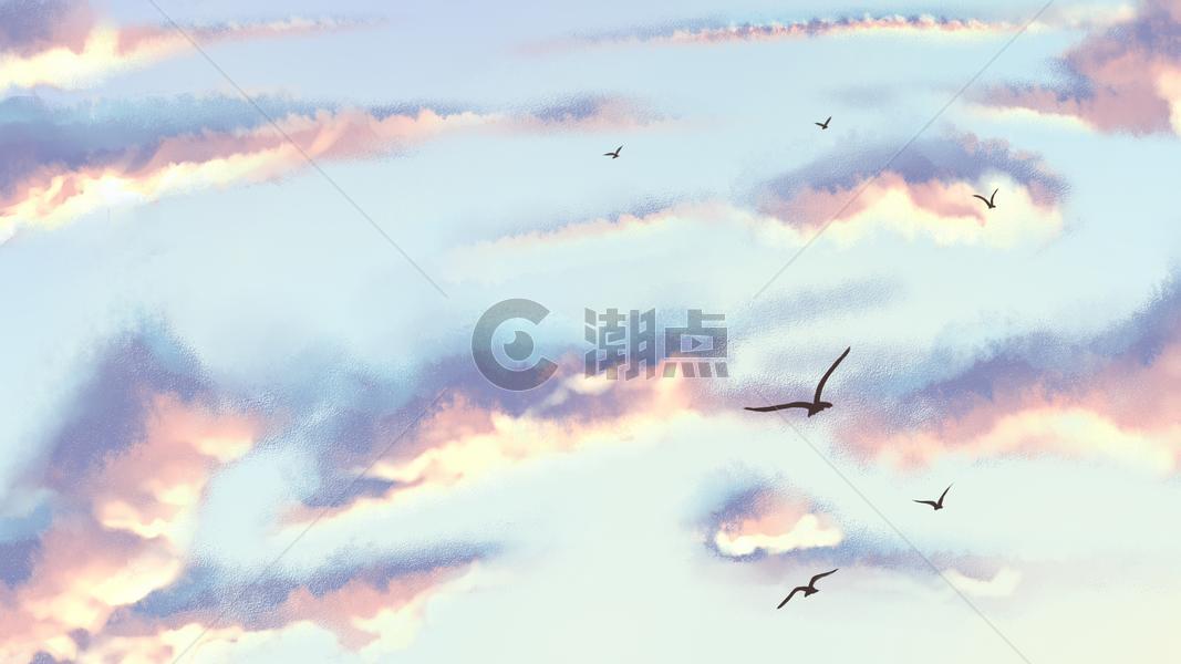 彩霞天空和鸟图片素材免费下载