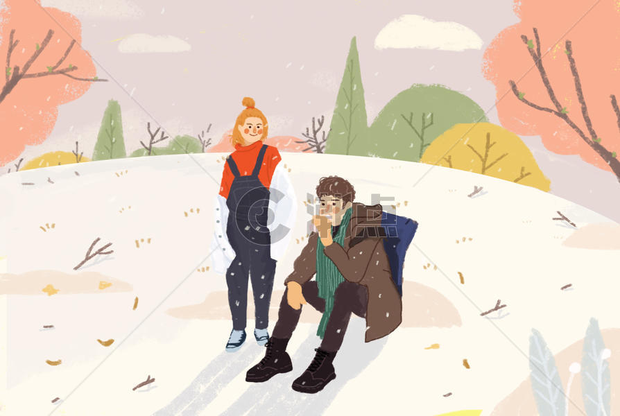冬天雪景情侣插画图片素材免费下载