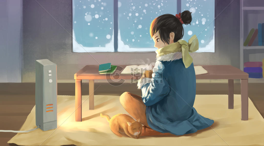 冬天坐在暖器旁的女孩图片素材免费下载
