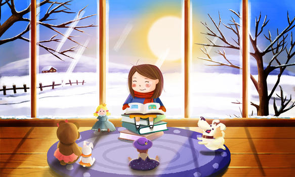 雪天在室内玩耍看书的女孩图片素材免费下载