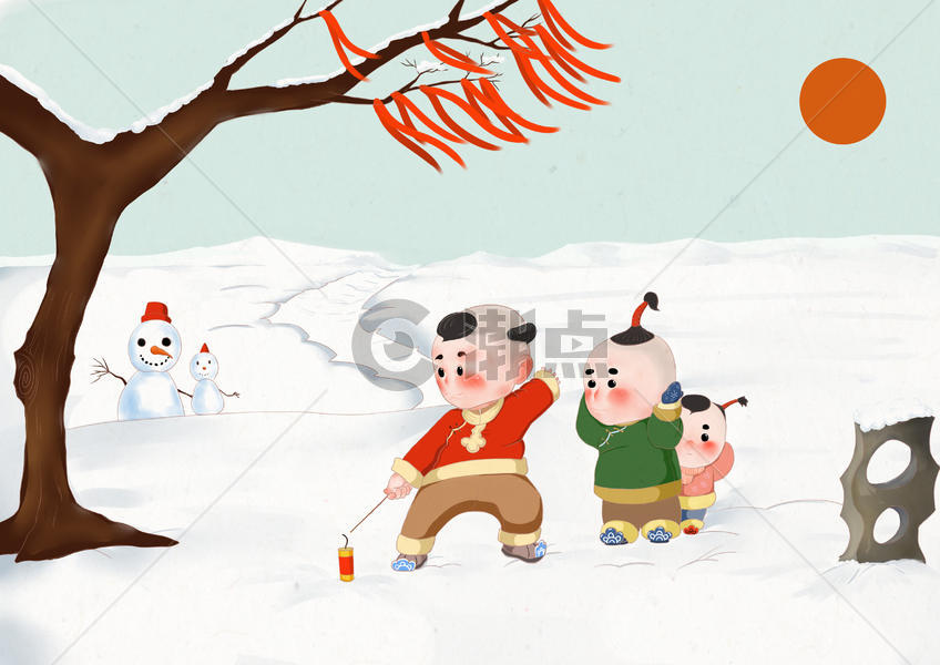 Q版春节传统习俗插画放鞭炮图片素材免费下载