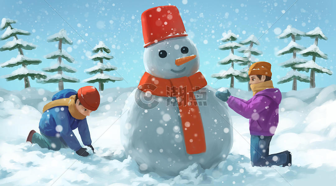堆雪人的两个孩子图片素材免费下载