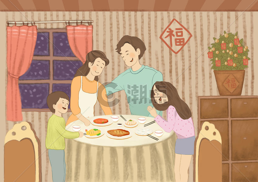 春节年夜饭手绘插画图片素材免费下载