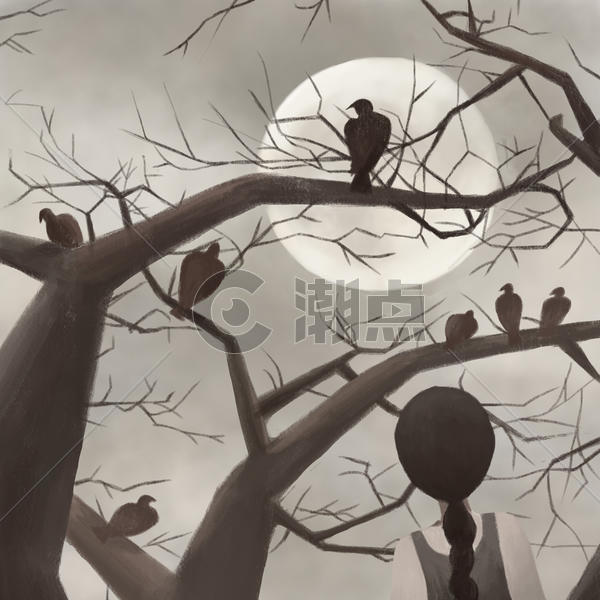 月色树上的乌鸦图片素材免费下载